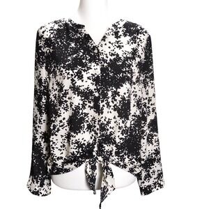 Black White Abstract Print Tie Front Blouse Long Sleeve Modern Chic Large Petite